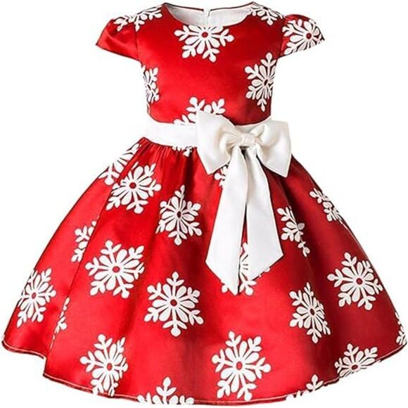 Toddler Baby Girls Christmas Snowflake Print Party Dresses with Bowknot Belt - Picture 2 of 6